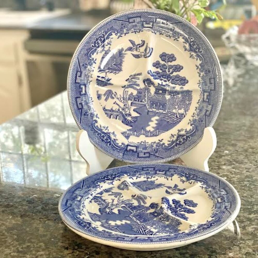Vintage 2 Blue and White Transfer ware Willow Pattern Divided Grill Plates,
